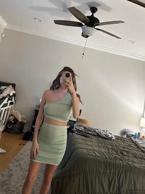 One-Shoulder Sage Green Bodycon Skirt Set